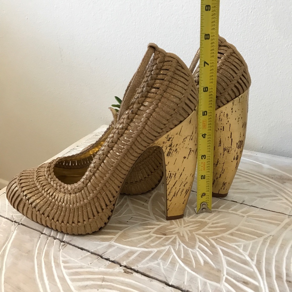 Zinc Josie Gold Cork Heels Platform Crochet Shoes Gem